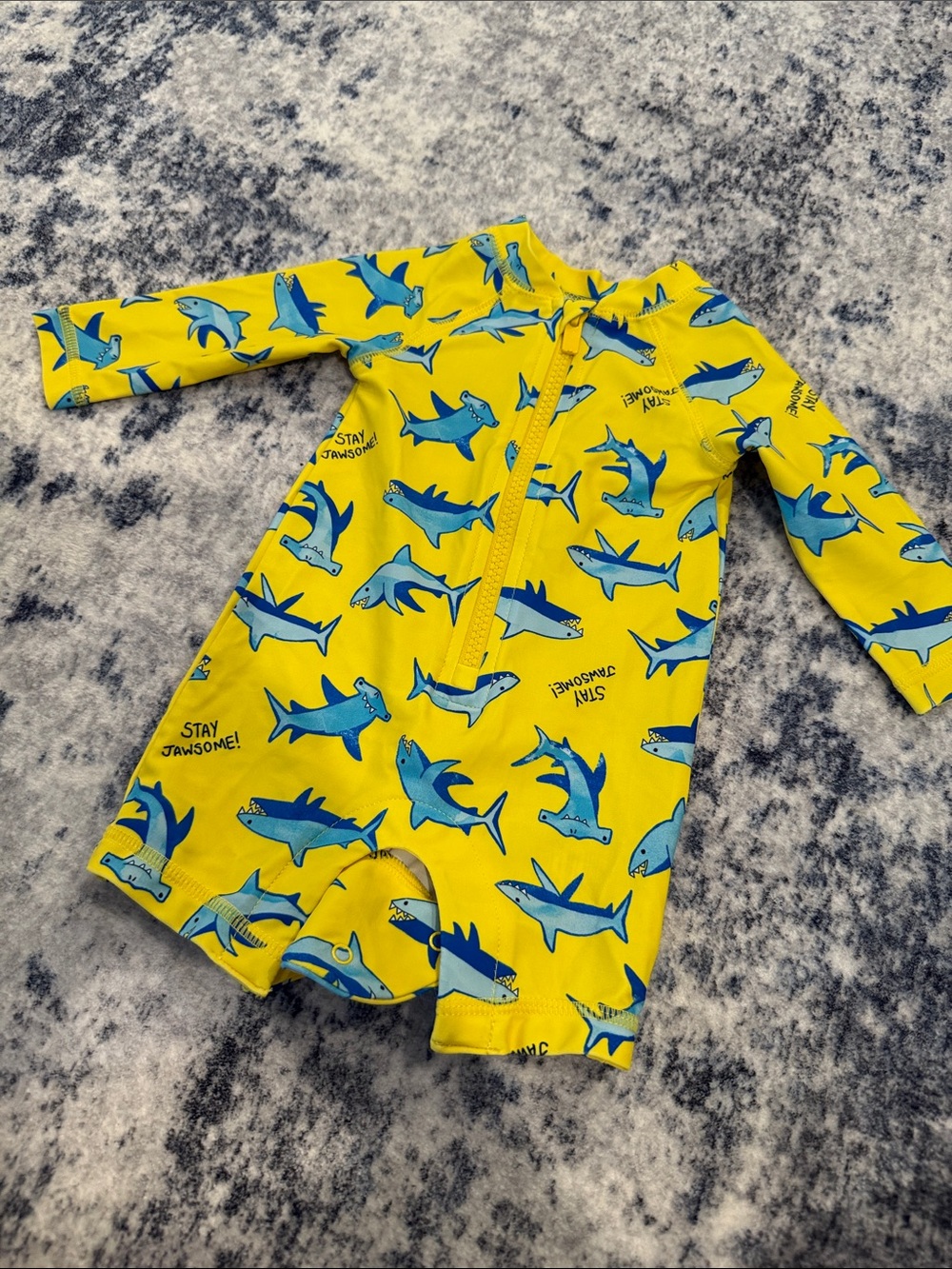 Old Navy Yellow Long-Sleeve One-Piece Swim Suit with Blue Shark Print